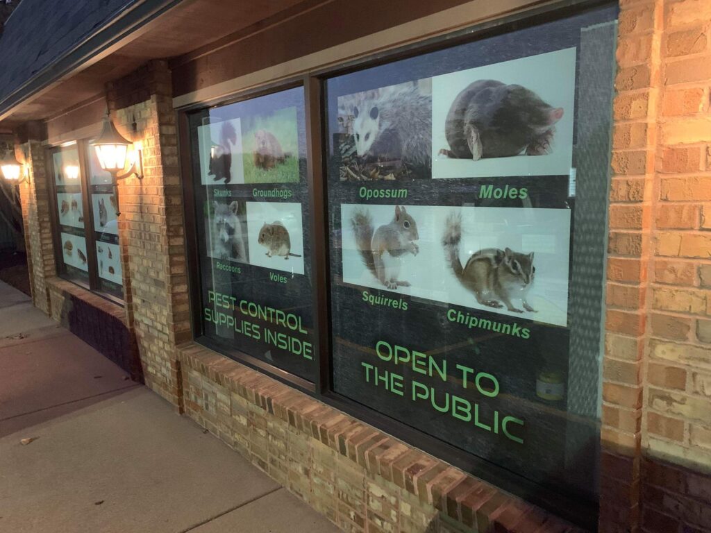The display of various pests like squirrels and moles on the front of the Pest Pros of Kalamazoo office.