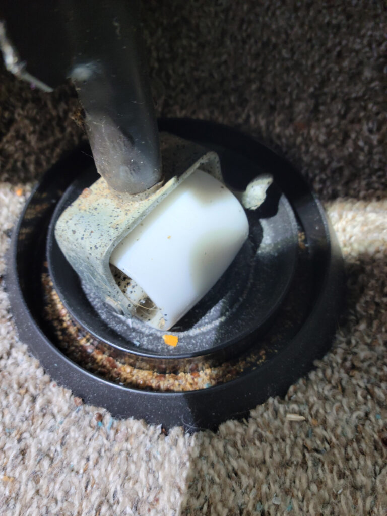 A close-up of a bed frame caster wheel sitting on a carpeted floor, with signs of bed bugs in the caster wheel.