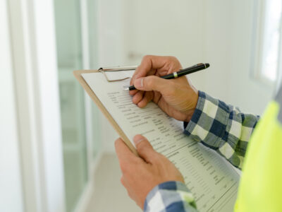 Inspector using a checklist representing the Additional Services such as home inspection clearance letters Pest Pros offers.