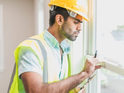 A man wearing a hardhat inspecting a window.